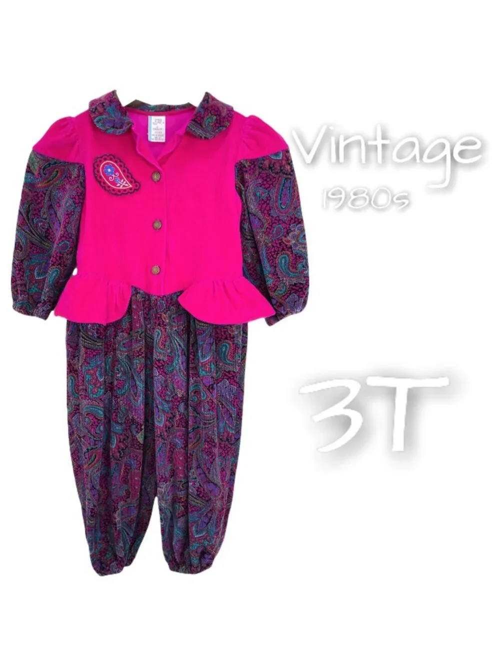 Vintage 80s Girls Epic Corduroy Peplum Jumper Outfit 3T